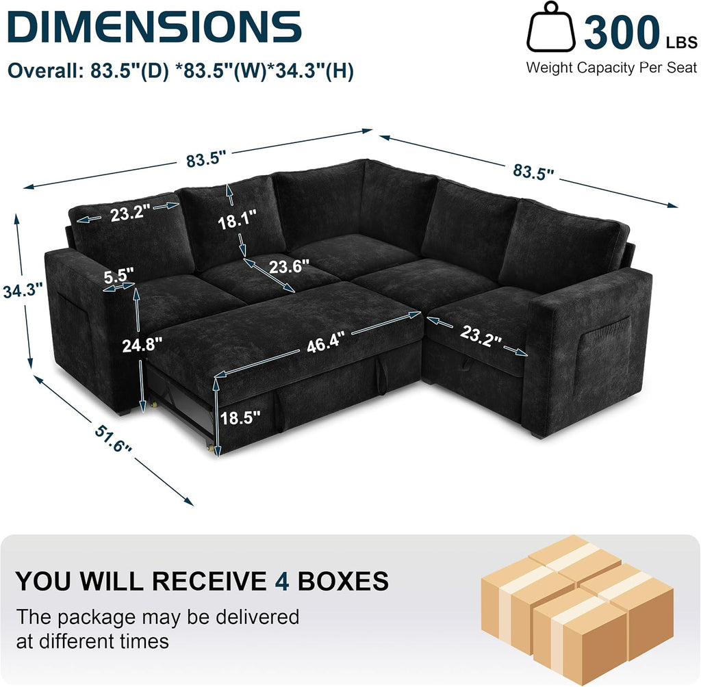 83.5' Sectional Sleeper Sofa with Pull Out Couch, Modern 5 Seat L Shaped Modular Couch, Sectionals Modular Sofa with Storage, Comfy Sectional Couches for Living Room & Apartment, Black