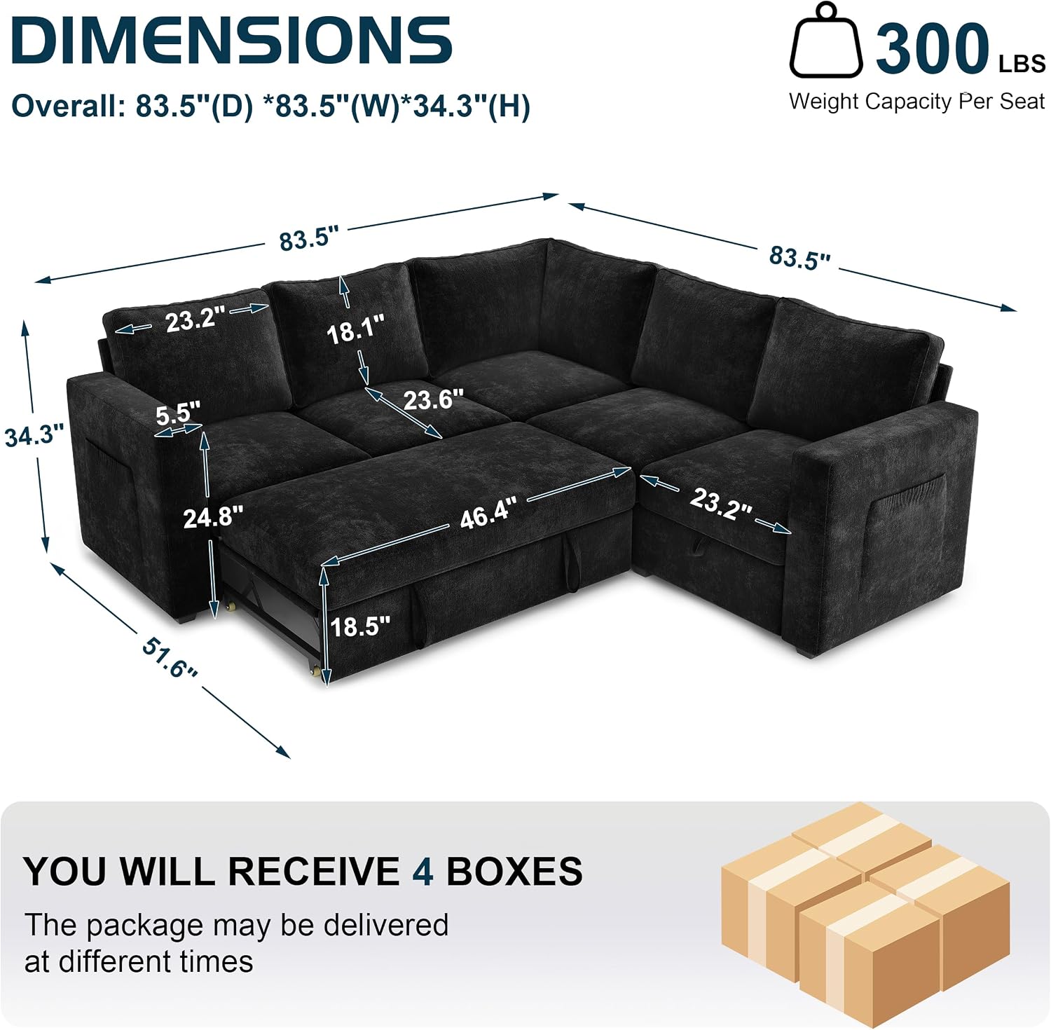 83.5' Sectional Sleeper Sofa with Pull Out Couch, Modern 5 Seat L Shaped Modular Couch, Sectionals Modular Sofa with Storage, Comfy Sectional Couches for Living Room & Apartment, Black
