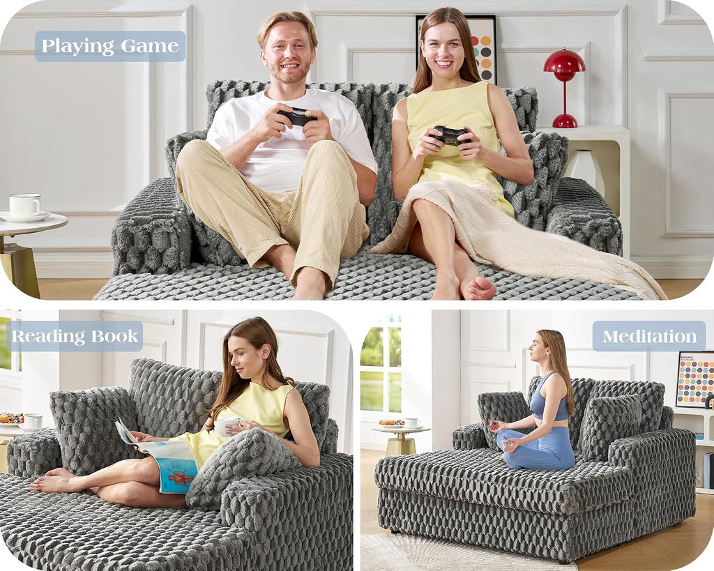 VanAcc 58 Inch Chaise Lounge Indoor, Upholstered Sofa Bed with Throw Pillows and Armrests, Sleeper Bed- Plush Lounge Chair for Living Room, Ash Grey