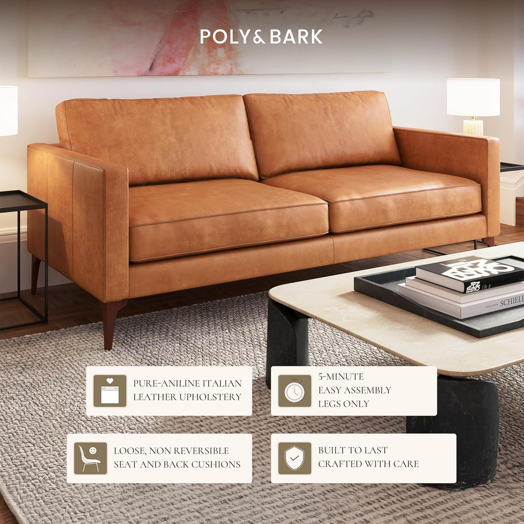 Poly & BARK Mateo 82' Sofa – Cognac Tan Full-Grain Pure-Aniline Italian Leather, Feather-Down Cushions, Solid Wood Frame & Walnut Legs