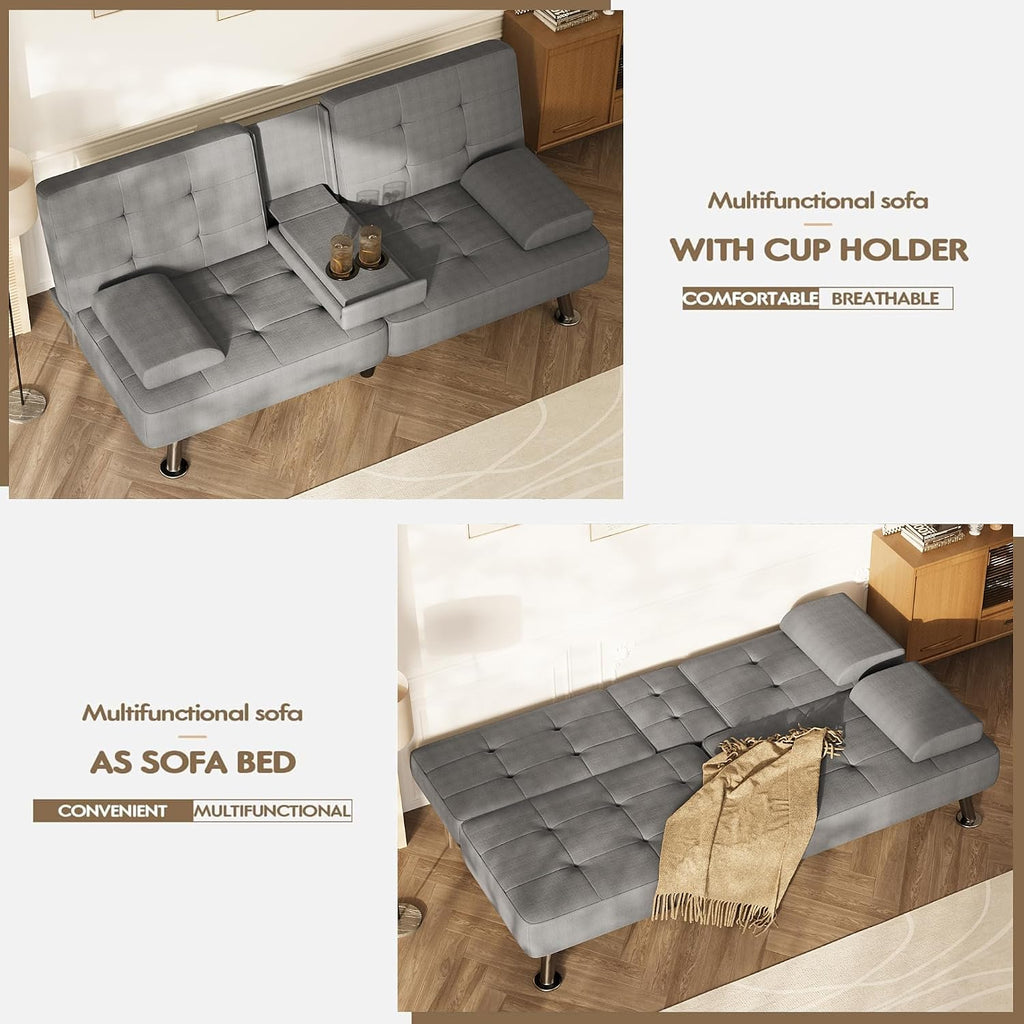 Homall Futon Sofa Bed, Futon Couch with Removable Armrests, Adjustable Recliner Sleeper Sofa Bed with Dual Cup Holders for Living Room, Apartment, Office (Fabric, Light Grey)