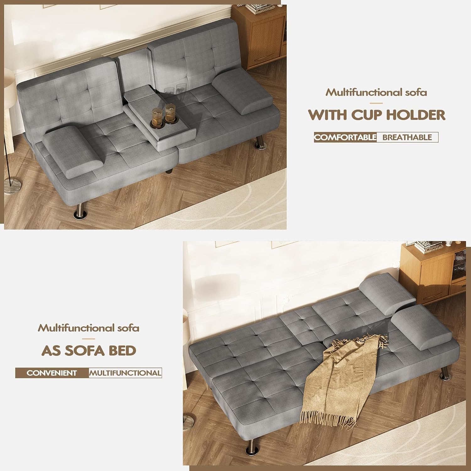 Homall Futon Sofa Bed, Futon Couch with Removable Armrests, Adjustable Recliner Sleeper Sofa Bed with Dual Cup Holders for Living Room, Apartment, Office (Fabric, Light Grey)