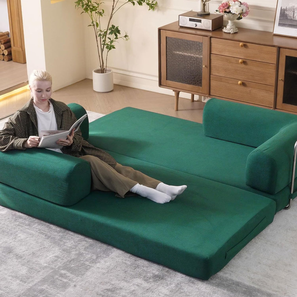 WHGBJA 79' Convertible Sleeper Sofa Bed with Cylindrical Pillow, Corduroy Folding Mattress Couch with Fixed-Shape Frame, Floor Sofa Lounge Couch for Living Room Bedroom Lounge Studio (Green)