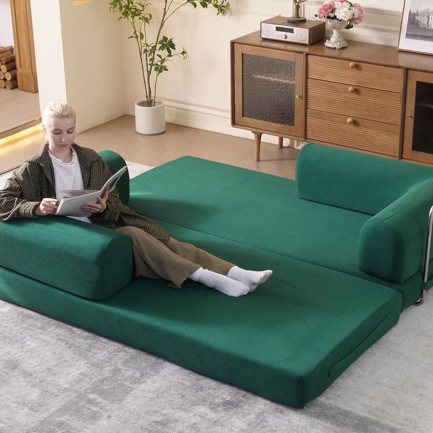 WHGBJA 79' Convertible Sleeper Sofa Bed with Cylindrical Pillow, Corduroy Folding Mattress Couch with Fixed-Shape Frame, Floor Sofa Lounge Couch for Living Room Bedroom Lounge Studio (Green)