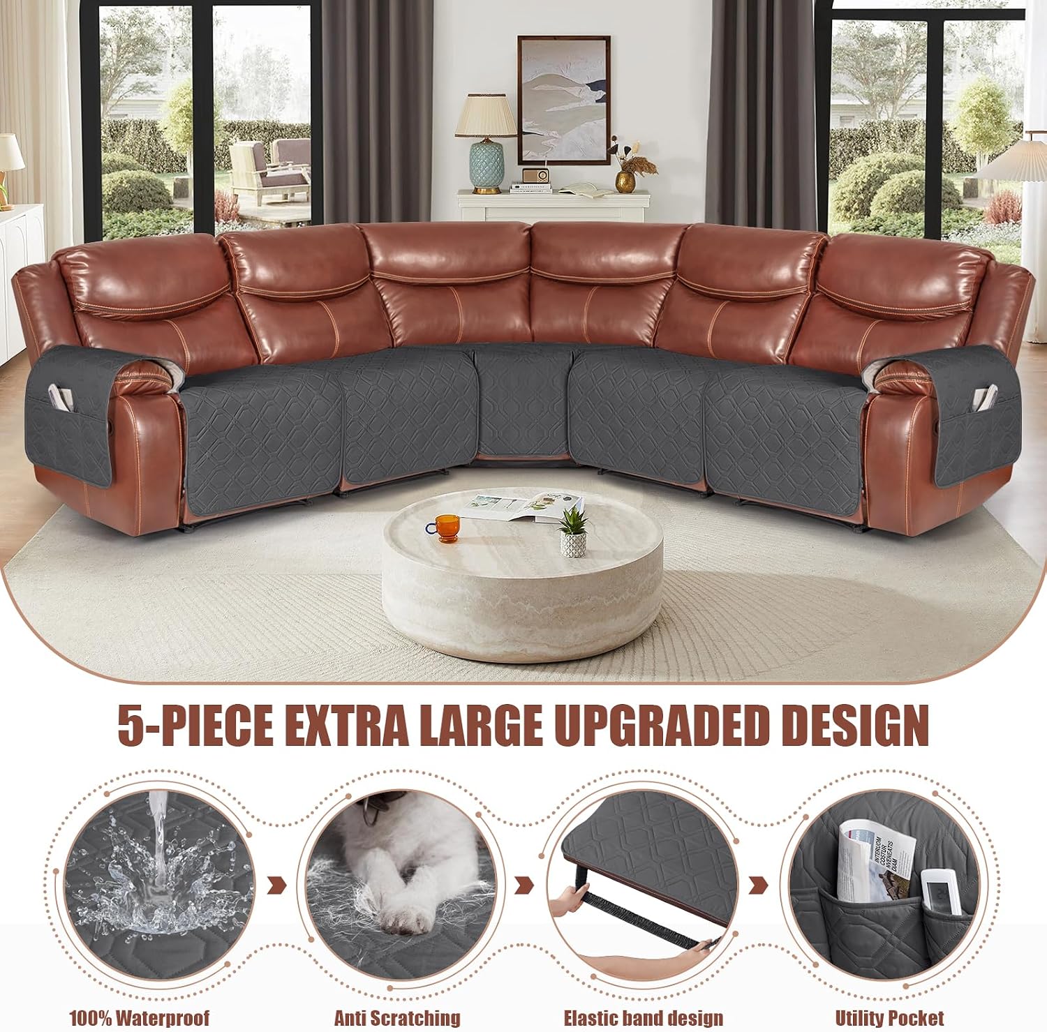 VANSOFY Extra Large Reclining Sectional Couch Covers, Waterproof 5-Piece Sofa Covers for L Shape Sectional Sofa Corner Seater Washable Slipcover for Pets, Dogs(5 Seat Recliner Cover, Charcoal Gray)