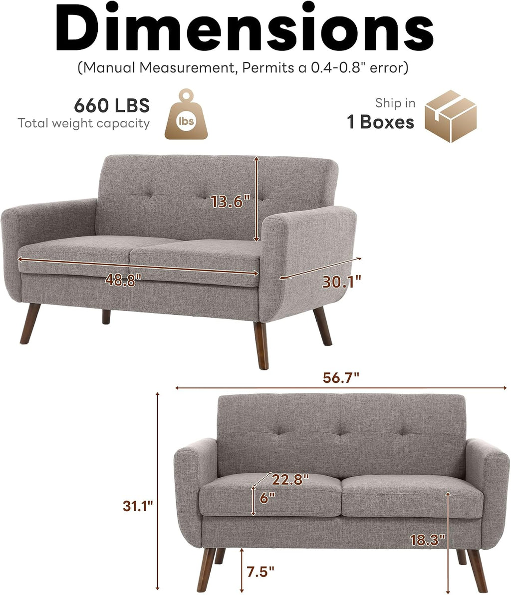 Tbfit 56' W Loveseat Sofa, Mid Century Modern Decor Love Seat Couches for Living Room, Button Tufted Upholstered Small Couch for Bedroom, Solid and Easy to Install Love Seats Furniture, Grey