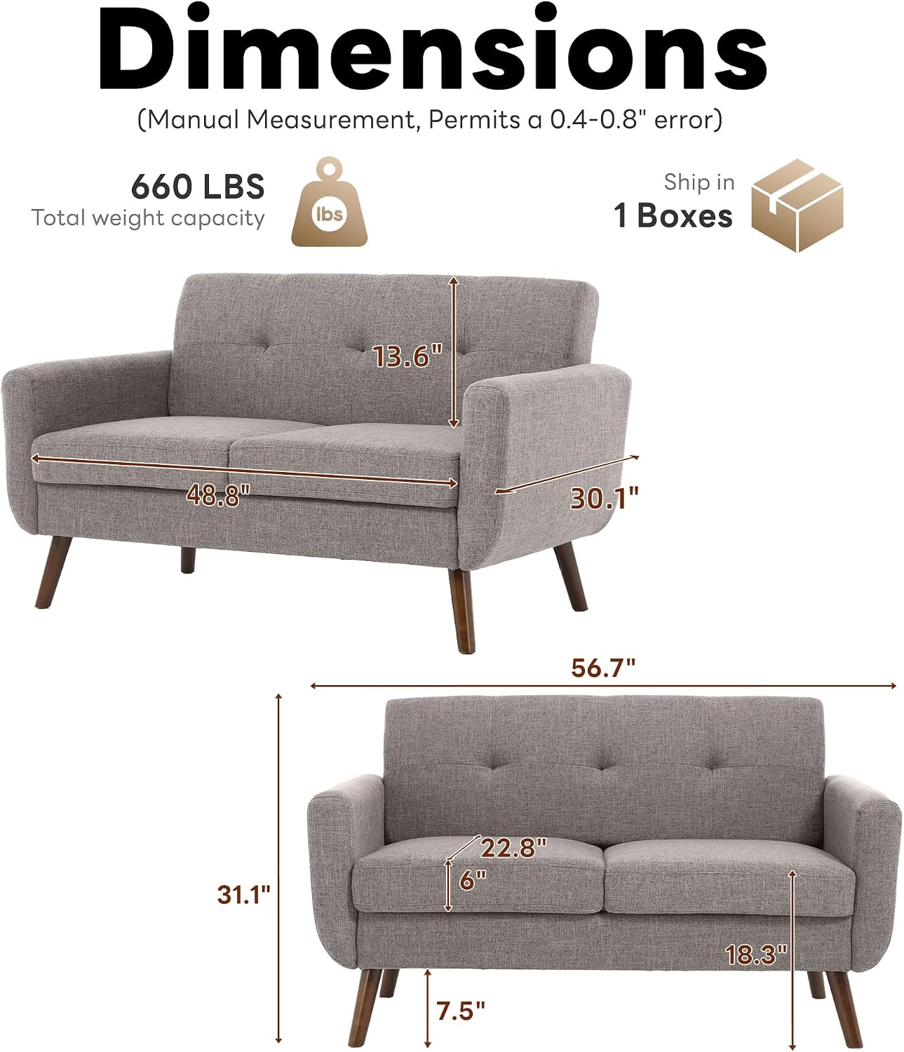 Tbfit 56' W Loveseat Sofa, Mid Century Modern Decor Love Seat Couches for Living Room, Button Tufted Upholstered Small Couch for Bedroom, Solid and Easy to Install Love Seats Furniture, Grey