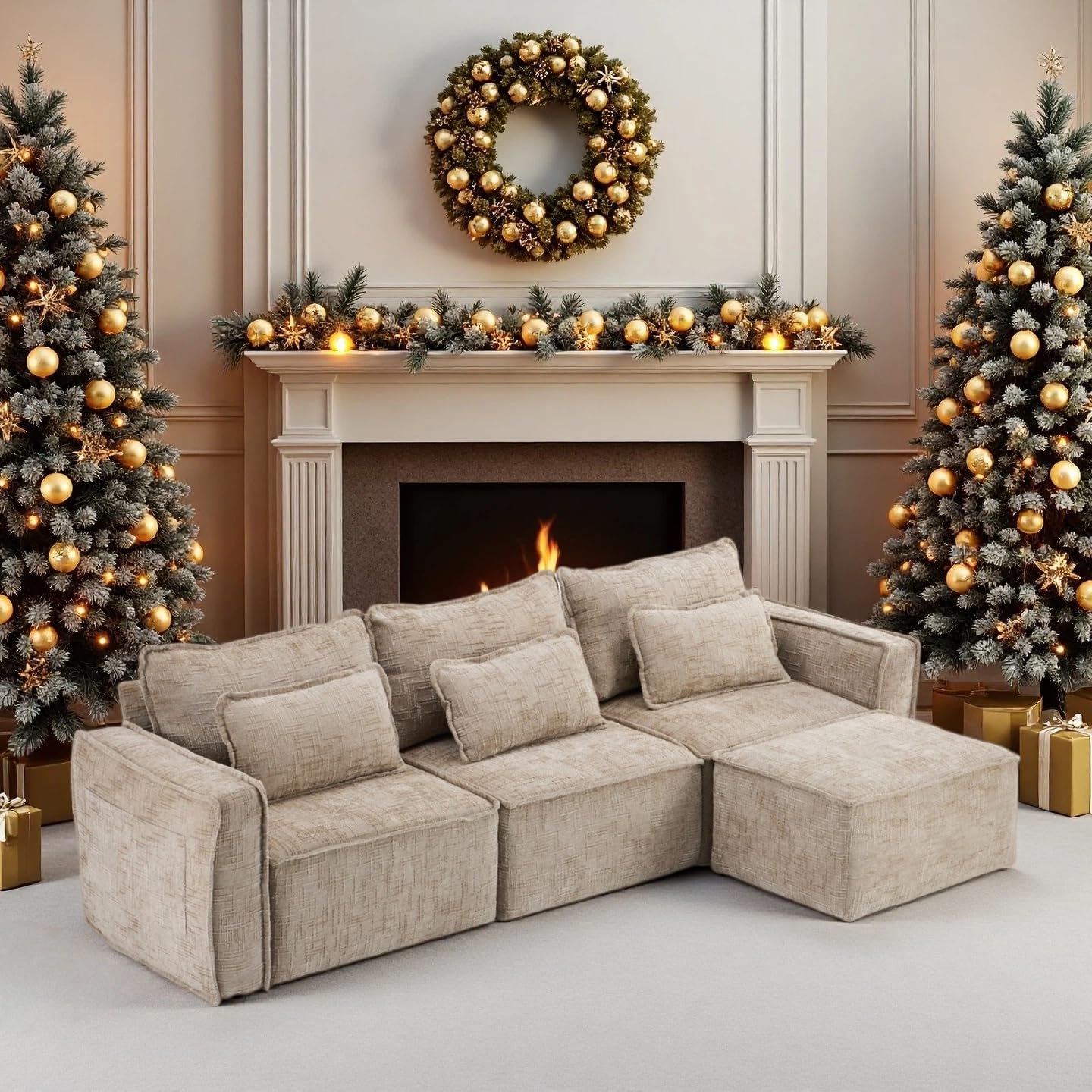 VINGLI 111' Convertible Modular Sectional Sofa,Comfortable L Shaped Reversible Couch with Ottoman, Removable 3 Seater Boneless Modern Couch, Durable Chenille Cloud Sofa for Living Room,Khaki