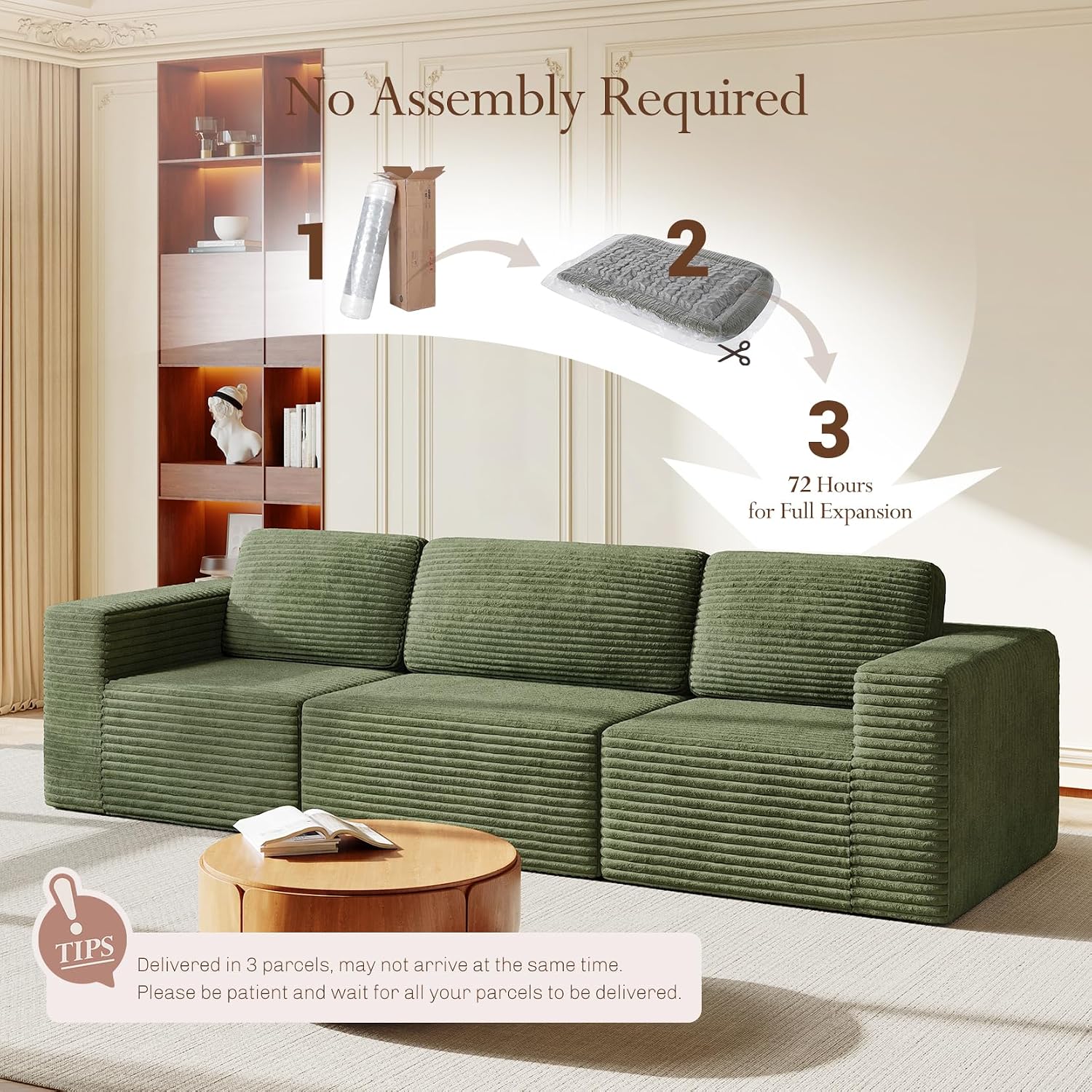 Vesgantti 119' Modular Sectional Sofa, Corduroy Cloud Couch with Deep Seating & Spring Support, 3 Seater Flexible Layout Sofa, Boneless Couch for Living Room & Apartment, No Assembly Required, Green