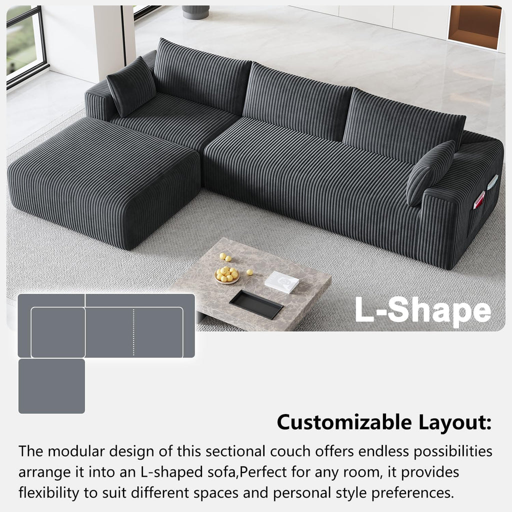 108' Cloud Couch Modular Sectional Sofa for Living Room,L Shaped Boneless Couch with Deep Seat Chaise,No Assembly Required Foam Sleeper Sofa for Apartments,Plush Corduroy Fabric, Dark Gray