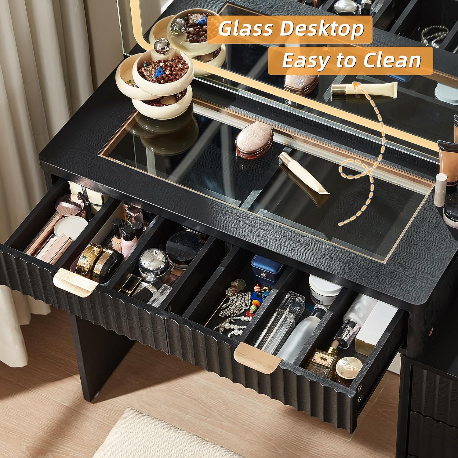 LEYAOYAO Black Vanity Desk with Mirror and Lights, 43.5'' Fluted Makeup Vanity with 6 Drawers and Adjustable Shelves, Glass Top Make Up Vanity, Girls Wood Dressing Table with Power Outlet for Bedroom