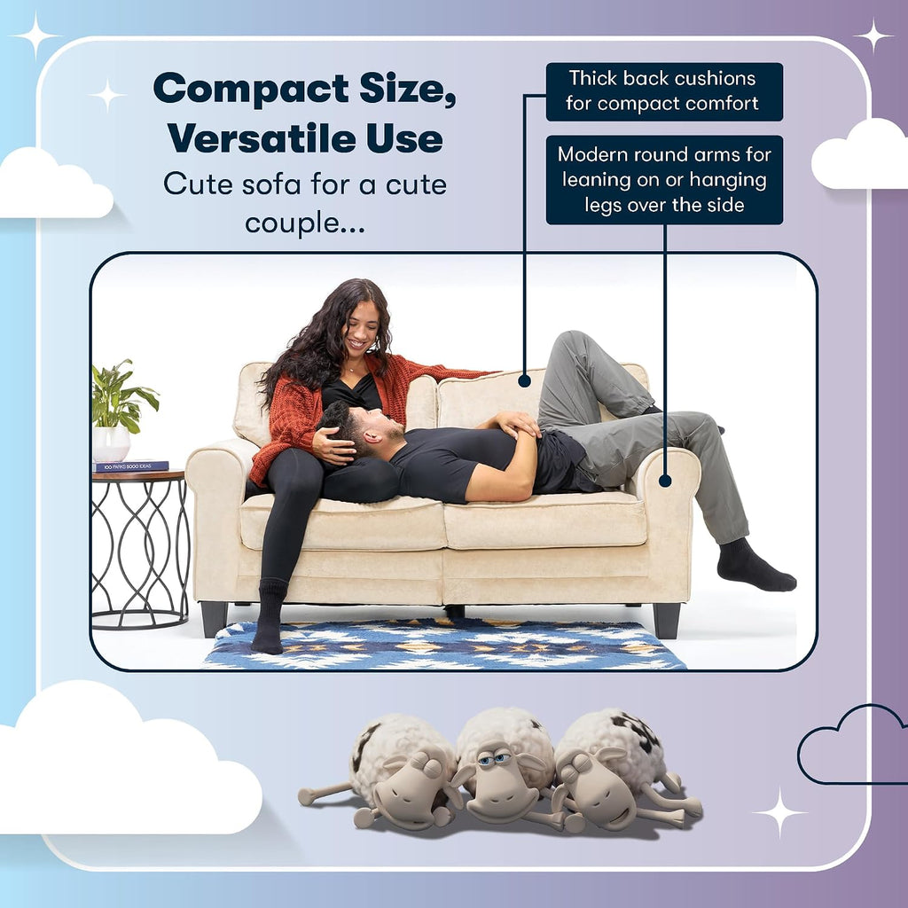 Serta Copenhagen Small Loveseat Sofa, 61 Inch Couch with Rolled Arms, Pocket Coil Seat Cushions, Removable Covers, Easy Care Polyester Upholstery for Living Room, Bedroom or Office, Buckwheat Beige