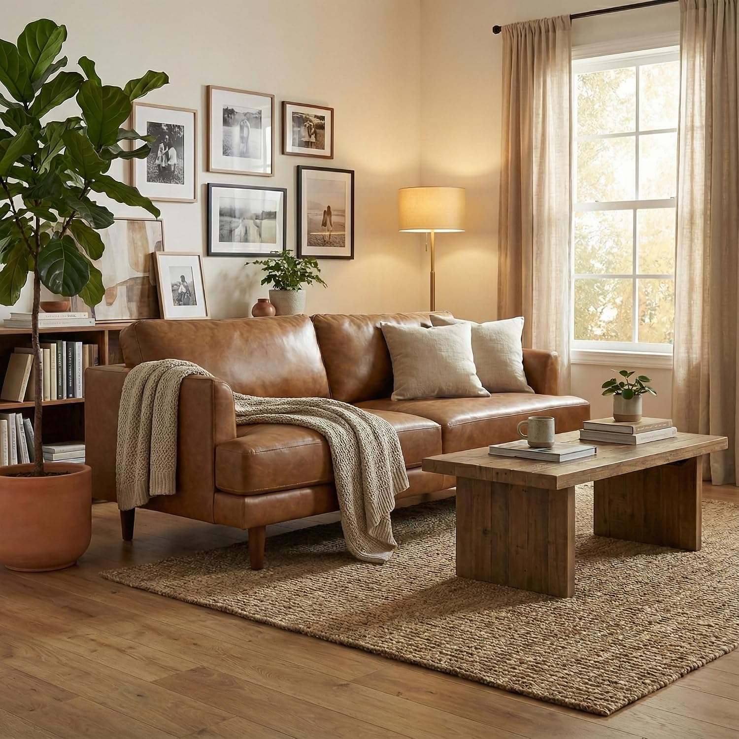 SIMPLIHOME Livingston Sofa - 76' Wide x 33' High Top Grain Genuine Leather Sofa in Caramel Brown, Mid-Century Modern Loveseat with Removable Feather-Wrapped Cushions and Solid Wood Frame