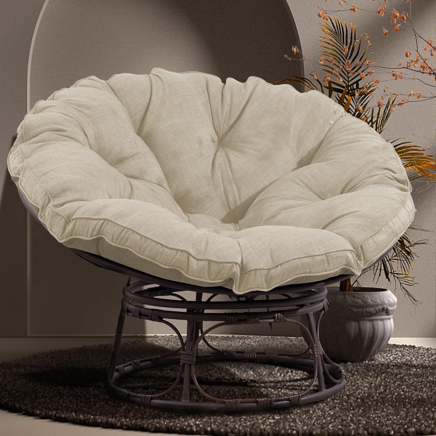 Joyside Papasan Chair with Cushion and Frame, 46'' Wicker Papasan Lounge Chair Large Saucer Chair, Brown Frame with Beige Cushion