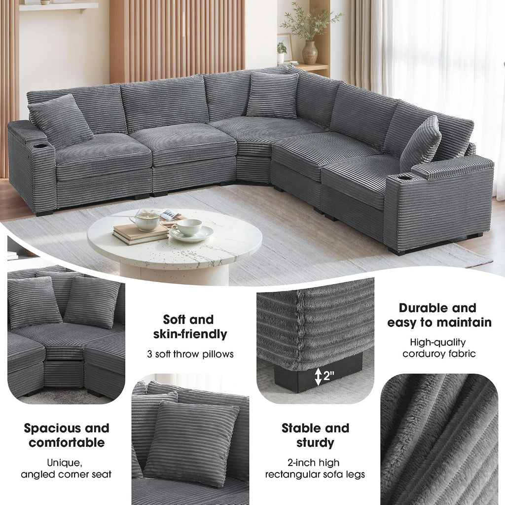 Merax 106' Corduroy Sectional Corner Sofa with Cup Holders & USB Charger, 5 Seat Convertible L Shaped Couch Set with Armrest Storage, Oversized Comfy Modular Sofabed for Living Room & Apartment, Gray