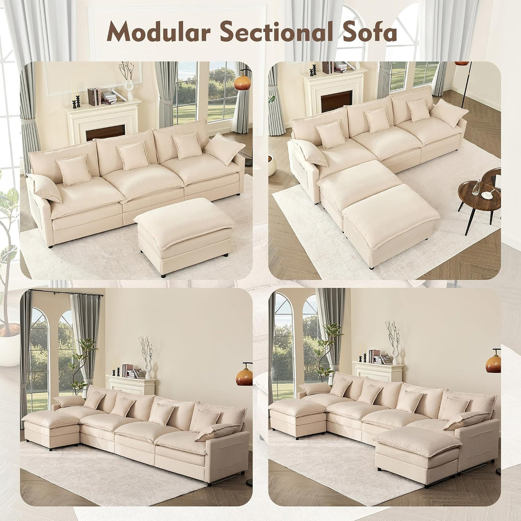 GOSUHI 108' U Shaped Couch, Modular Sectional Sofa, 3-Seater Comfy Cloud Couch, Set of Modular Pieces with Movable Ottoman, Deep Seat Couches for Living Room, Linen, Beige