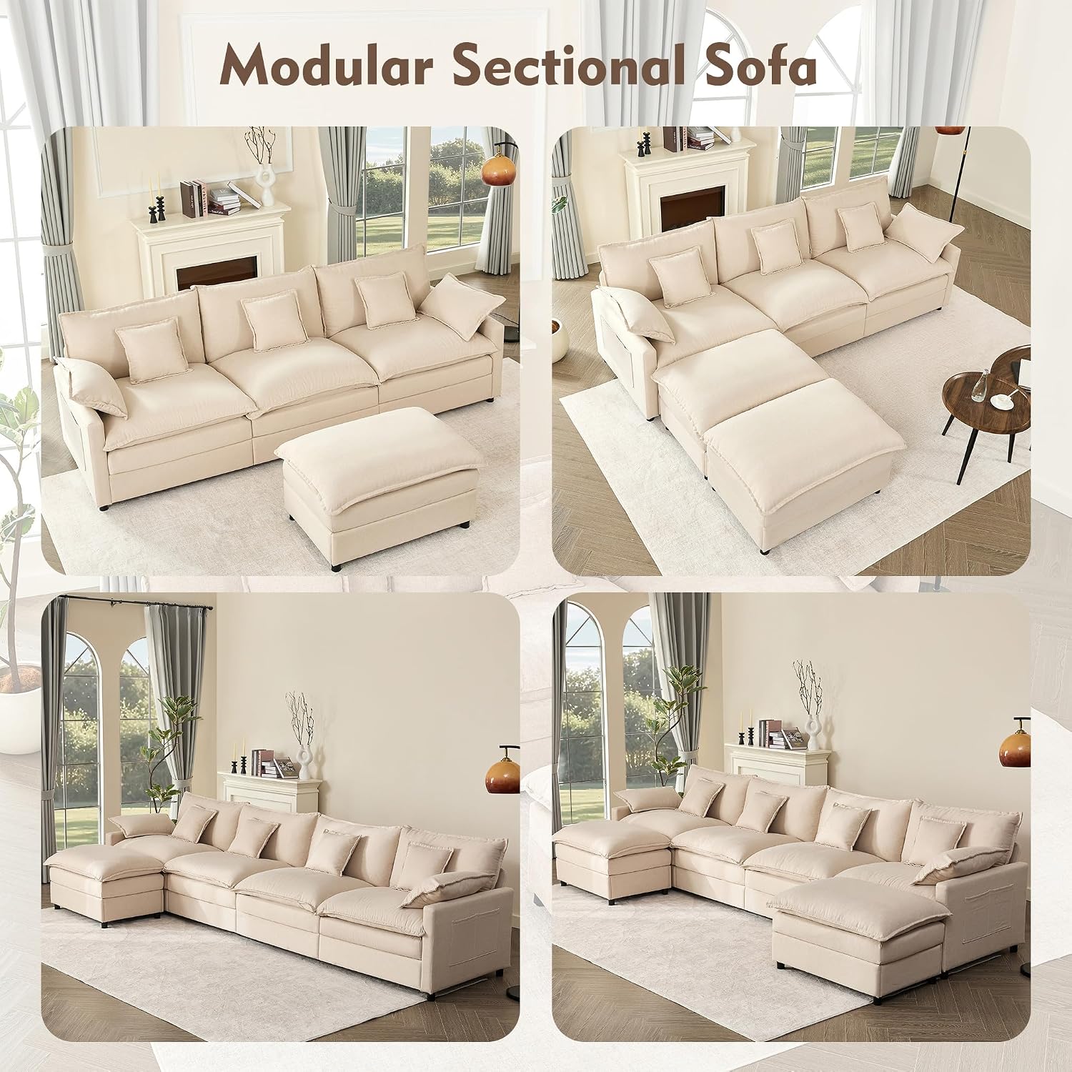 GOSUHI 108' U Shaped Couch, Modular Sectional Sofa, 3-Seater Comfy Cloud Couch, Set of Modular Pieces with Movable Ottoman, Deep Seat Couches for Living Room, Linen, Beige