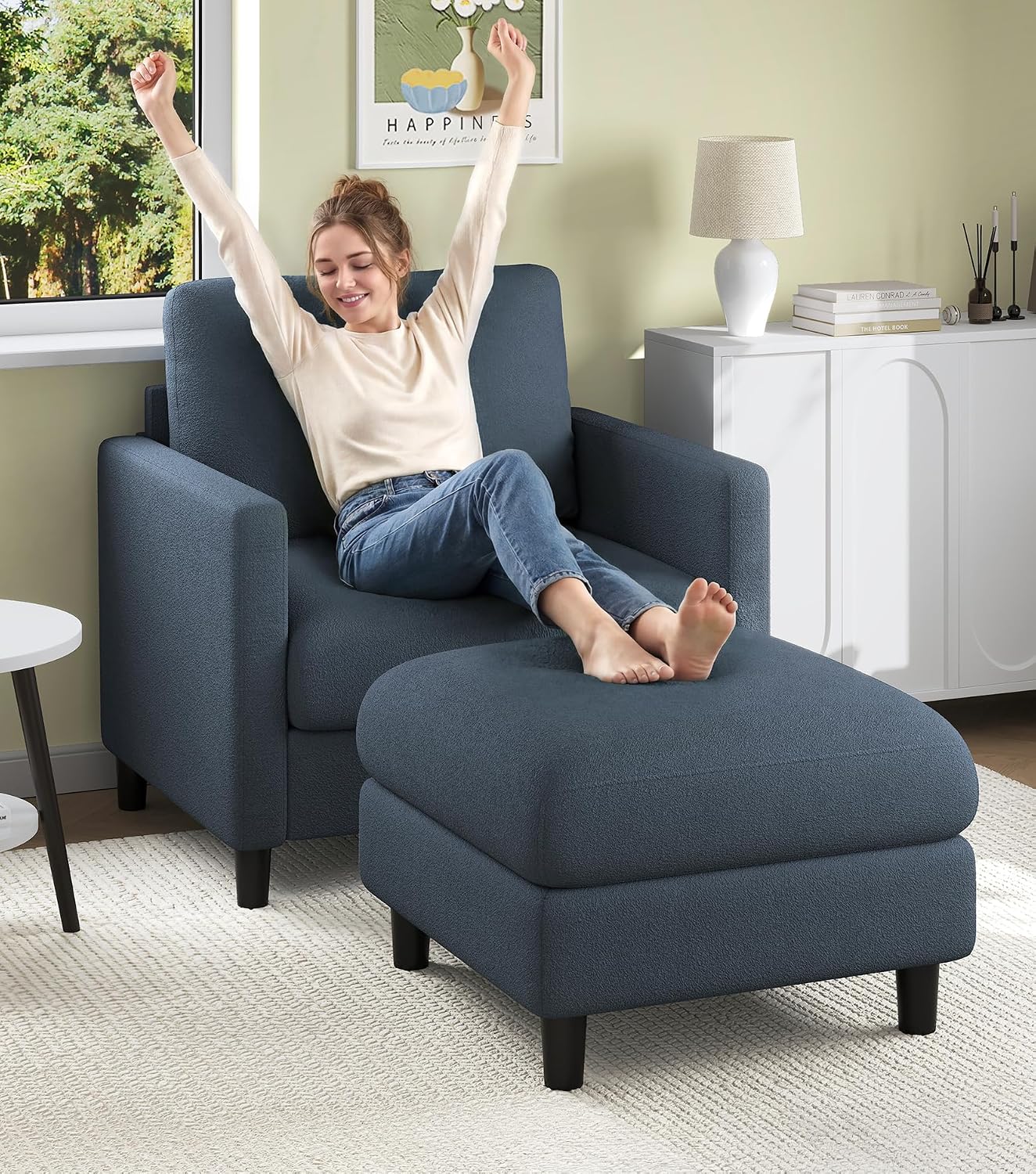 Welzona Sofa Accent Chair with Ottoman, 33' Reading Chair and Ottoman Set for Bedroom, Tool-Free Setup Living Room Accent Chairs, Comfy Arm Chairs Living Room, All-Wood Reading Nook, Blue Grey