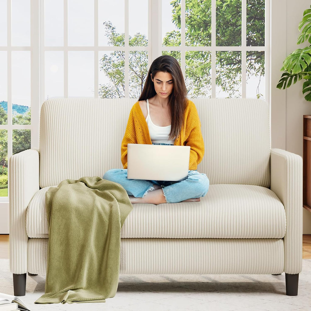 Welzona Loveseat Sofa, 51' Love Seat, Comfy Corduroy Small Loveseat for Small Spaces, Tool-Free Setup Couch for Bedroom, All-Wood Couches for Living Room, No Pillow Included, Beige