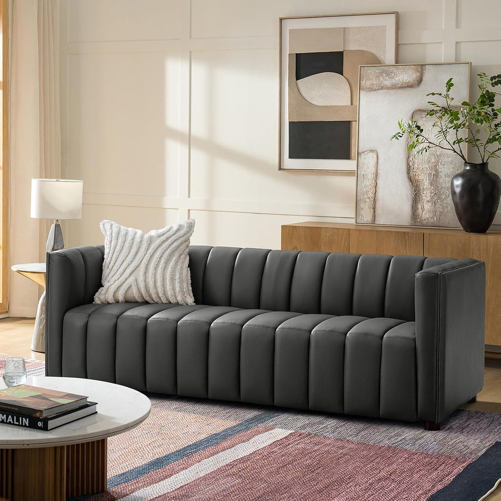 HULALA HOME 83' Genuine Leather Sofa with Channel Tufted Design, 3-Seater Sofa for Living Room Bedroom, Modern Oversized Couch with Wood Legs, Charcoal