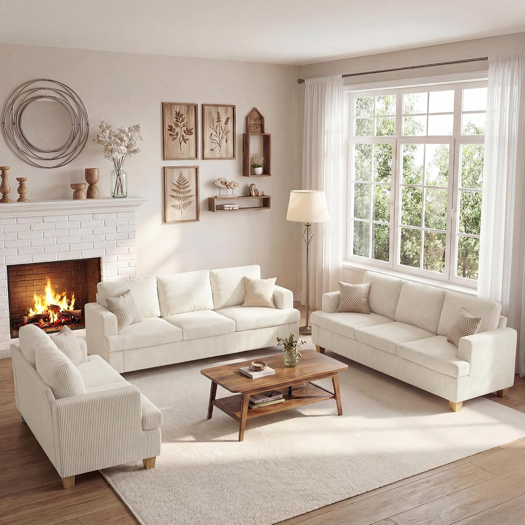 Apicizon 3 Piece Sofa Set 89'' 3-Seat Couch Sofa with Loveseat, Set of 3 Corduroy Couches for Living Room, Modern Lounge Sofa Couches for Apartment Lounge, White Corduroy Living Room Set