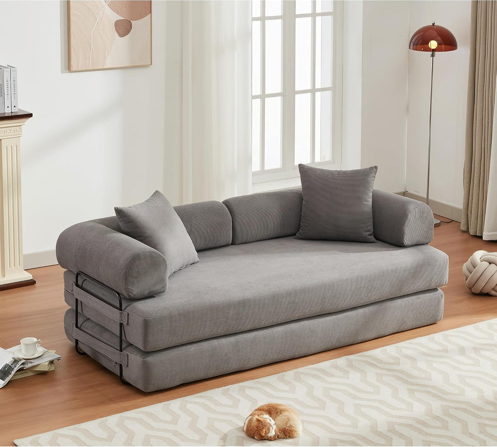 ZEIINPA Convertible Sleeper Sofa Bed with Cylindrical Pillow, Corduroy Folding Mattress Couch with Fixed-Shape Frame, Floor Sofa Lounge Couch for Living Room Bedroom Lounge Studio-Grey