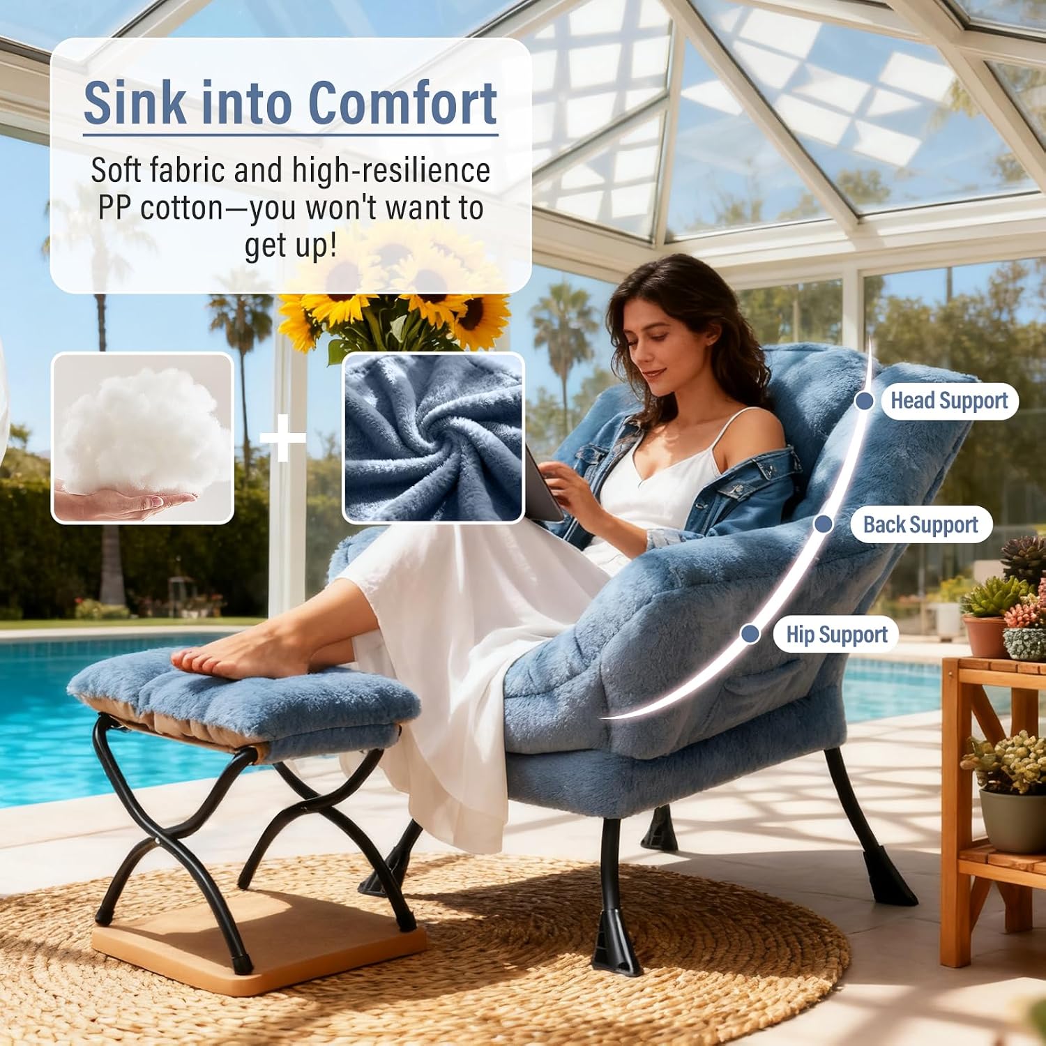 Furlide Lazy Chair with Ottoman, Modern Accent Chair with Armrests and a Side Pocket, Plush Light Blue Accent Chairs, Reading Chairs, Oversized Armchairs for Bedroom, Study, Living Room, Courtyard
