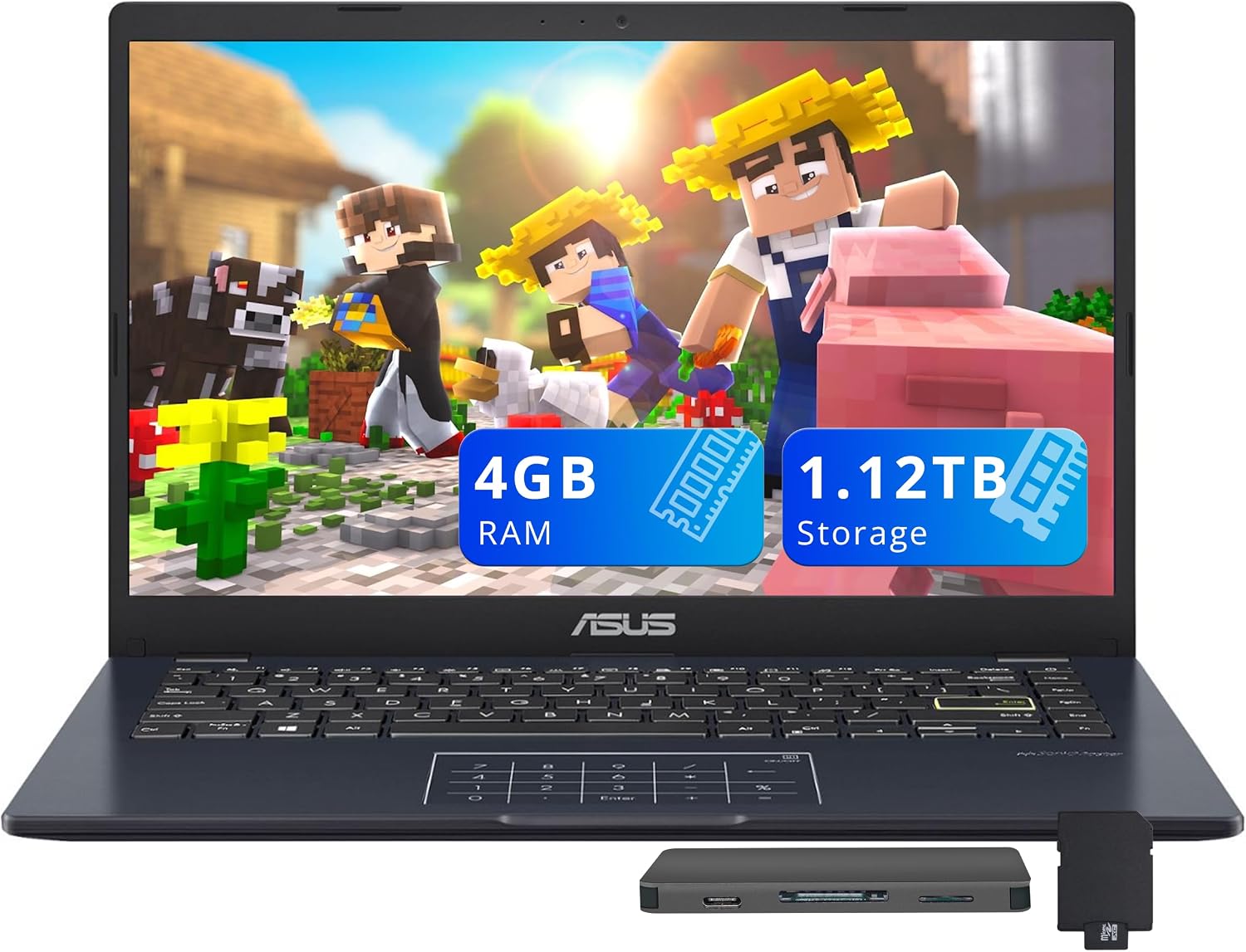 ASUS Vivobook Go 14' FHD Business Laptop, Intel Celeron N4500, 4GB RAM, 1.12TB Storage (128GB eMMC + 1TB Docking Station Set), Intel UHD Graphics, Number Pad, HD Webcam, Wi-Fi, Windows 11, Star Black