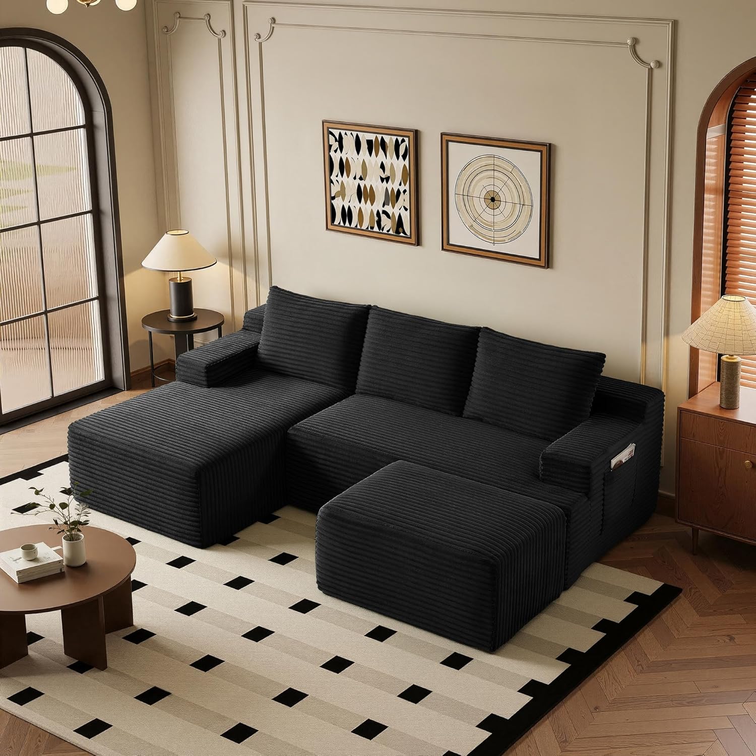 96''Sectional Couches for Living Room,Modern Modular Sectional Sofa,Upholstered Boneless Couch Comfy Cloud Couch with L Shaped Chaise (Black, 96''W Left Facing Chaise+Ottoman)