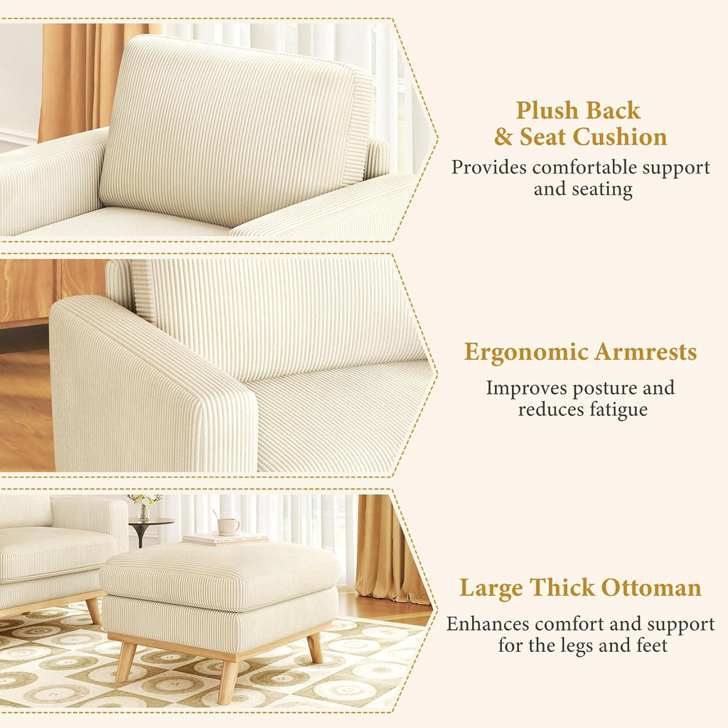 Vesgantti 38.5' Accent Chair with Movable Ottoman, Comfy Corduroy Armchair with Spring Cushion, Reading Chair with Ottoman, Modern Single Sofa for Living Room, Bedroom and Apartment, Beige