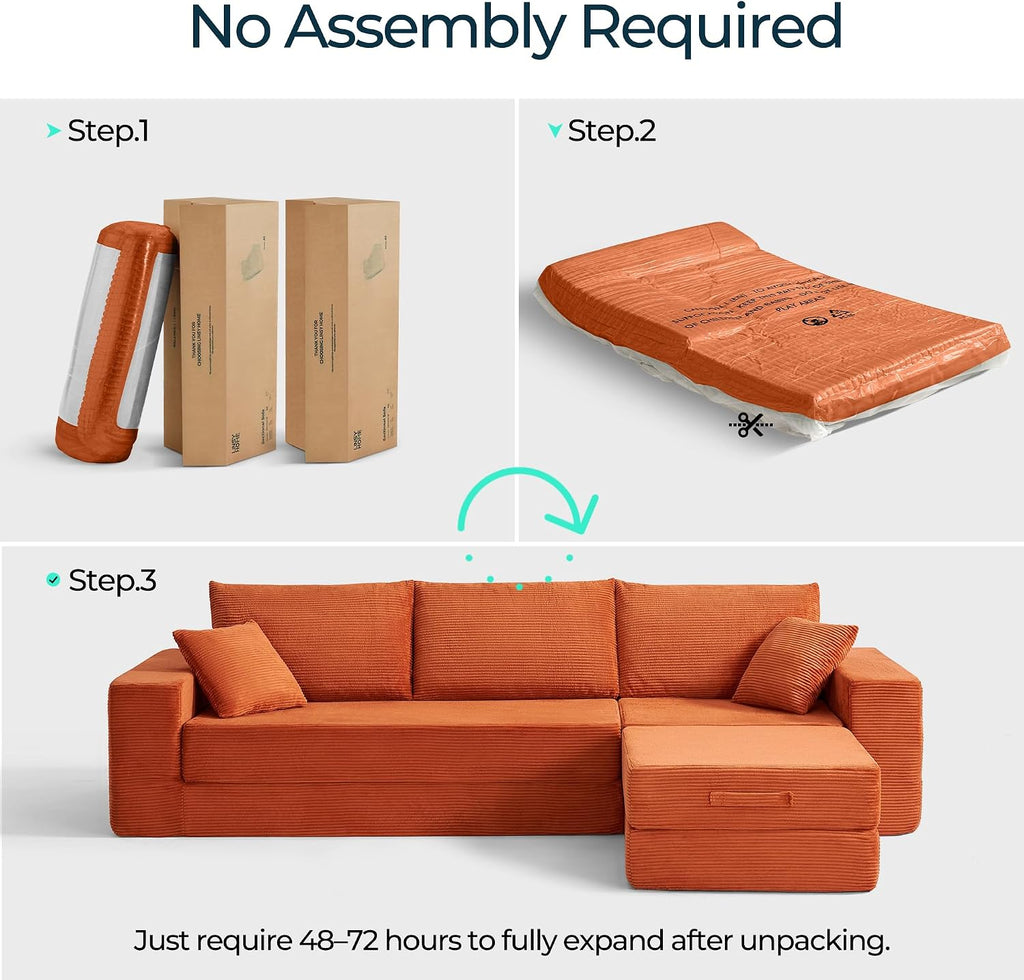 LINSY HOME Oversized Convertible Sofa Bed with 2 Pillows & Ottoman, Corduroy Boneless Couch Folding Modular Sleeper Sofa, L Shaped Couch Floor Sofa for Living Room Apartment, Upgrade Backrest (Orange)