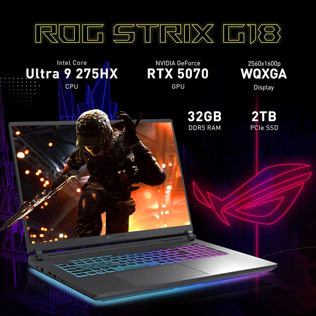 ASUS ROG Strix G18 18' WQXGA 240Hz Gaming Laptop, GeForce RTX 5070 8GB, Intel Ultra 9 275HX, 32GB DDR5, 3TB Storage (2TB SSD + 1TB Docking Station Set), Backlit Keyboard, IR Camera, Win 11, Gray