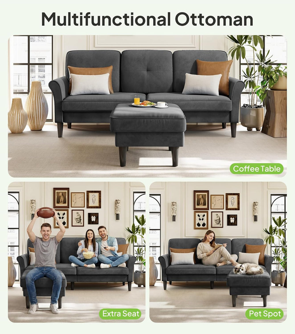 Welzona Sofas for Living Room, 83' Velvet Sectional Couch with Moveable Ottoman, Midcentury Modern Small Sectional Couch, L Shape Sofa & 2 Seater, Couches for Living Room, Apartment, Bedroom