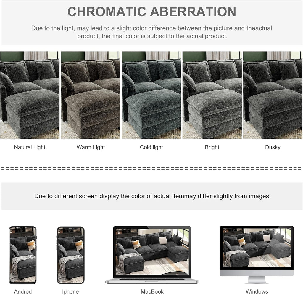 107' Cloud Couch Sectional, U Shaped Modular Sectional Sofa, 4-Seat Deep Seat Couch with 6 Removable Washable Pillows and 2 Ottoman for Living Room, Bedroom, Apartment, Black Grey