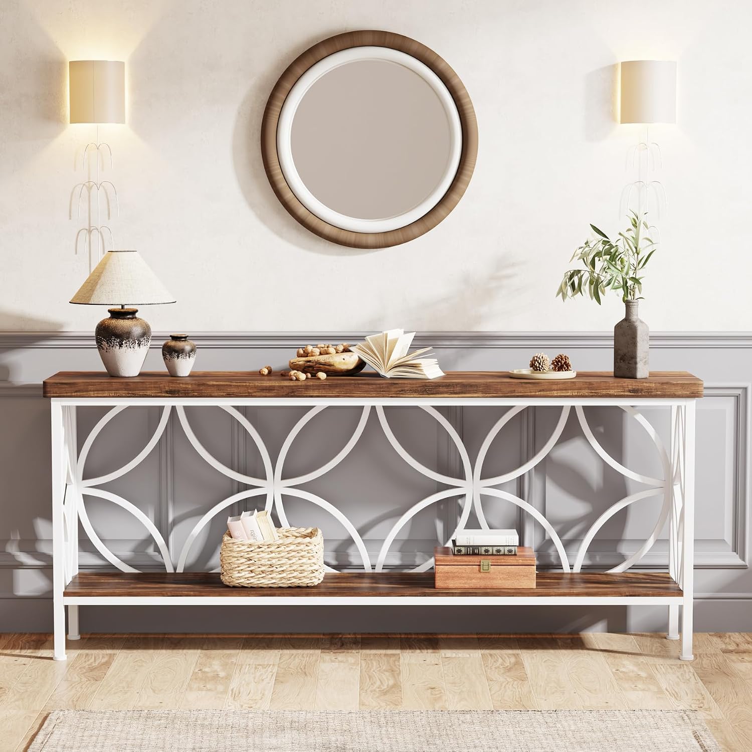 Tribesigns 70.9-Inch Narrow Sofa Table, Industrial Long Sofa Table Behind Couch, Entry Console Table with Storage for Entryway, Living Room, Foyer, Unique Design, Walnut/White