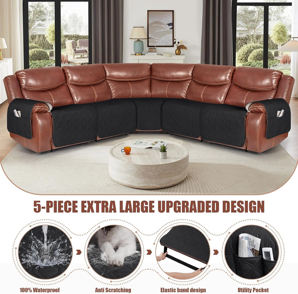 VANSOFY Extra Large Reclining Sectional Couch Covers, Waterproof 5-Piece Sofa Covers for L Shape Sectional Sofa Corner Seater Washable Slipcover for Pets, Dogs(5 Seat Recliner Cover, Black)