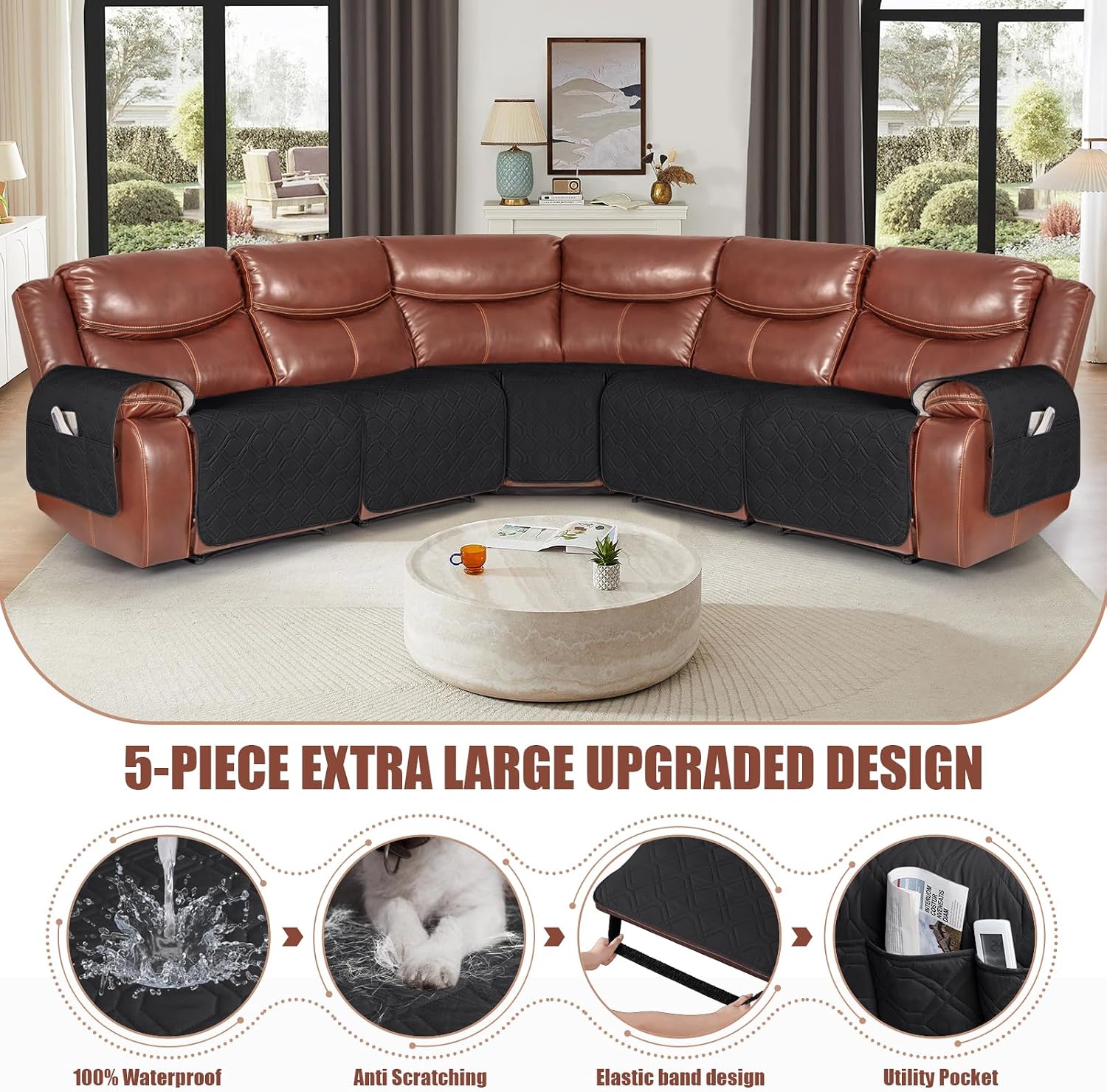 VANSOFY Extra Large Reclining Sectional Couch Covers, Waterproof 5-Piece Sofa Covers for L Shape Sectional Sofa Corner Seater Washable Slipcover for Pets, Dogs(5 Seat Recliner Cover, Black)