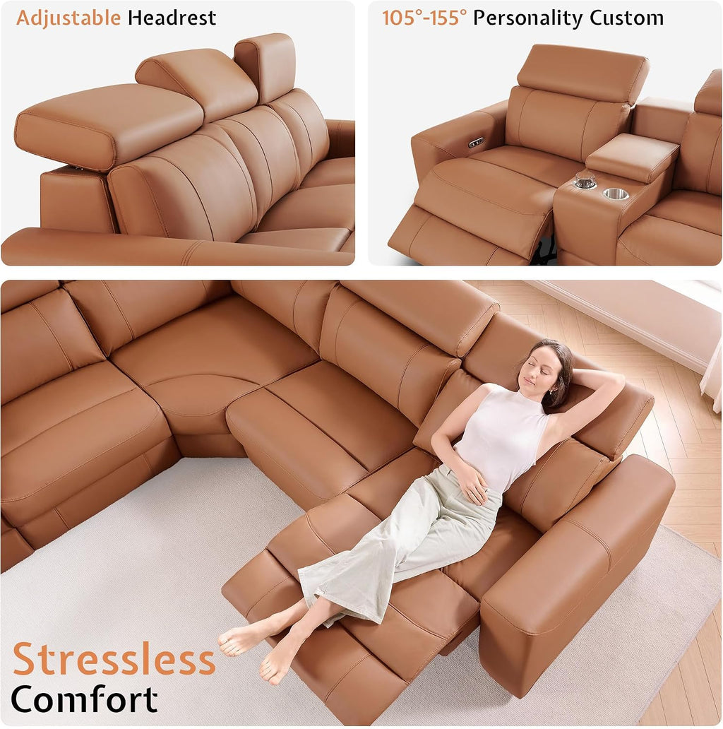 AMERLIFE Power Recliner Sectional Sofa with Storage/USB Port, Leather Recliner Sofa with Adjustable Headrest, Reclining Sectional Couches with Console and Cup Holder for Living Room (Brown, 5-Seater)