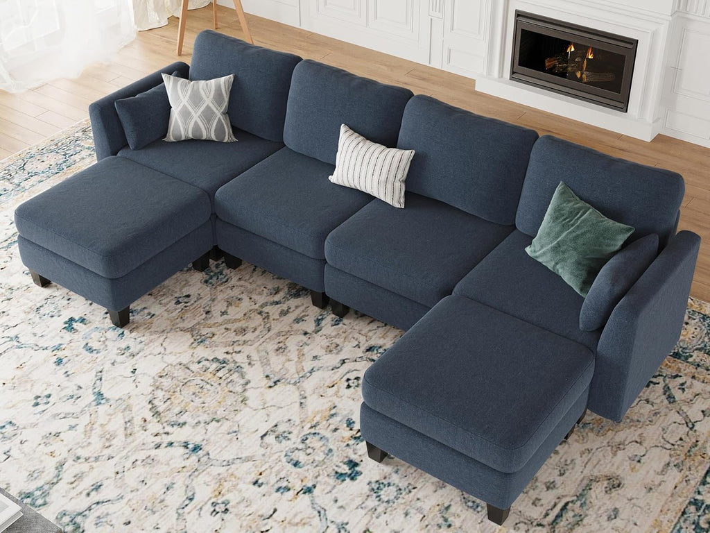 Modular Sectional Sofa, 6 Seaters Modular Sleeper Sofa Couch, Comfy Sectionals Couches Bed, Convertible Sofas with Ottomans, Sectional Couches for Living Room, Blue
