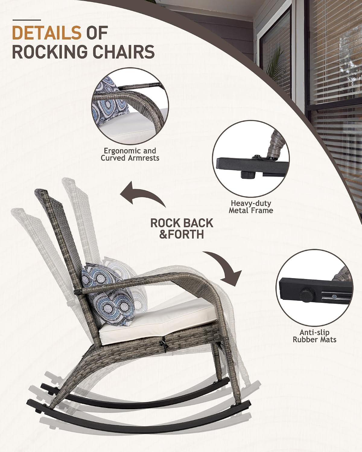 Outdoor Rocking Chairs Set of 2, Patio Rattan Rocker Chairs with Cushions & Steel Frame, All Weather Porch Rocking Chairs for Garden, Backyard, Poolside (Grey Rattan & Beige Cushion, 320lbs)