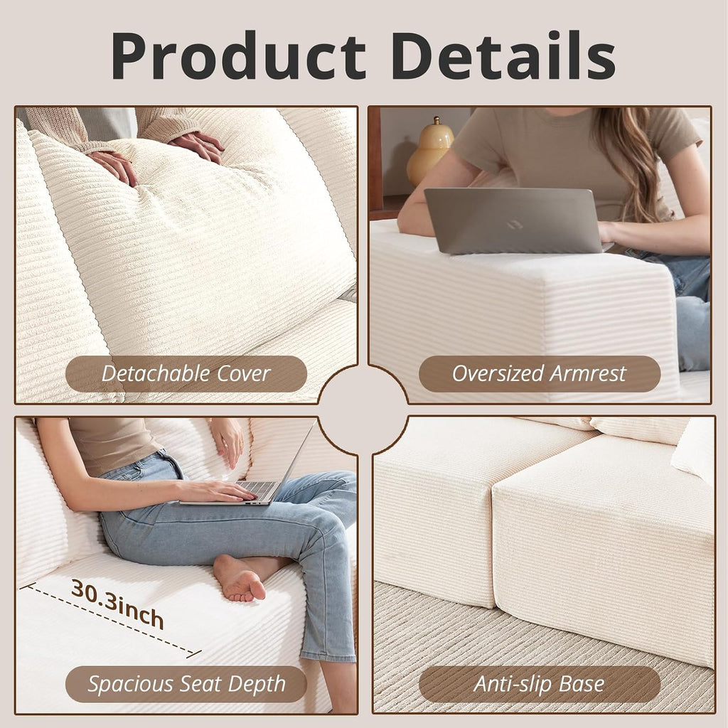 108' L-Shaped Boneless Couch, High Seat Modular Sectional Sofa with Moveable Ottoman, Corduroy Cloud Couches for Living Room, No Assembly, Ship in a Box, White