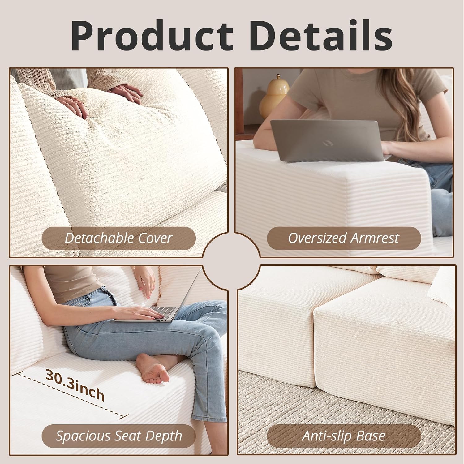 108' L-Shaped Boneless Couch, High Seat Modular Sectional Sofa with Moveable Ottoman, Corduroy Cloud Couches for Living Room, No Assembly, Ship in a Box, White