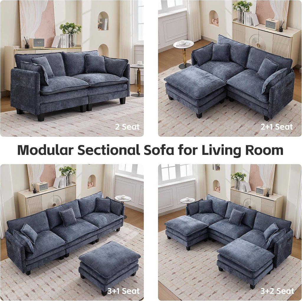 Modular Sectional Sofa, 75' Loveseat Modern Couches for Living Room, Comfy Cloud Couch with Deep Seat for Office and Apartment, with Charger, USB & Type-c Port, Blue Chenille Fabric
