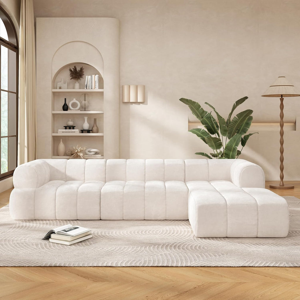 Christopher Knight Home Mania 122' Modular L-Shape Sofa Couch with Chaise Lounge, Modern Sectional Sofa Set for Living Room, Boucle Fabric Upholstered Cloud Couch with Deep Seat, Milky White