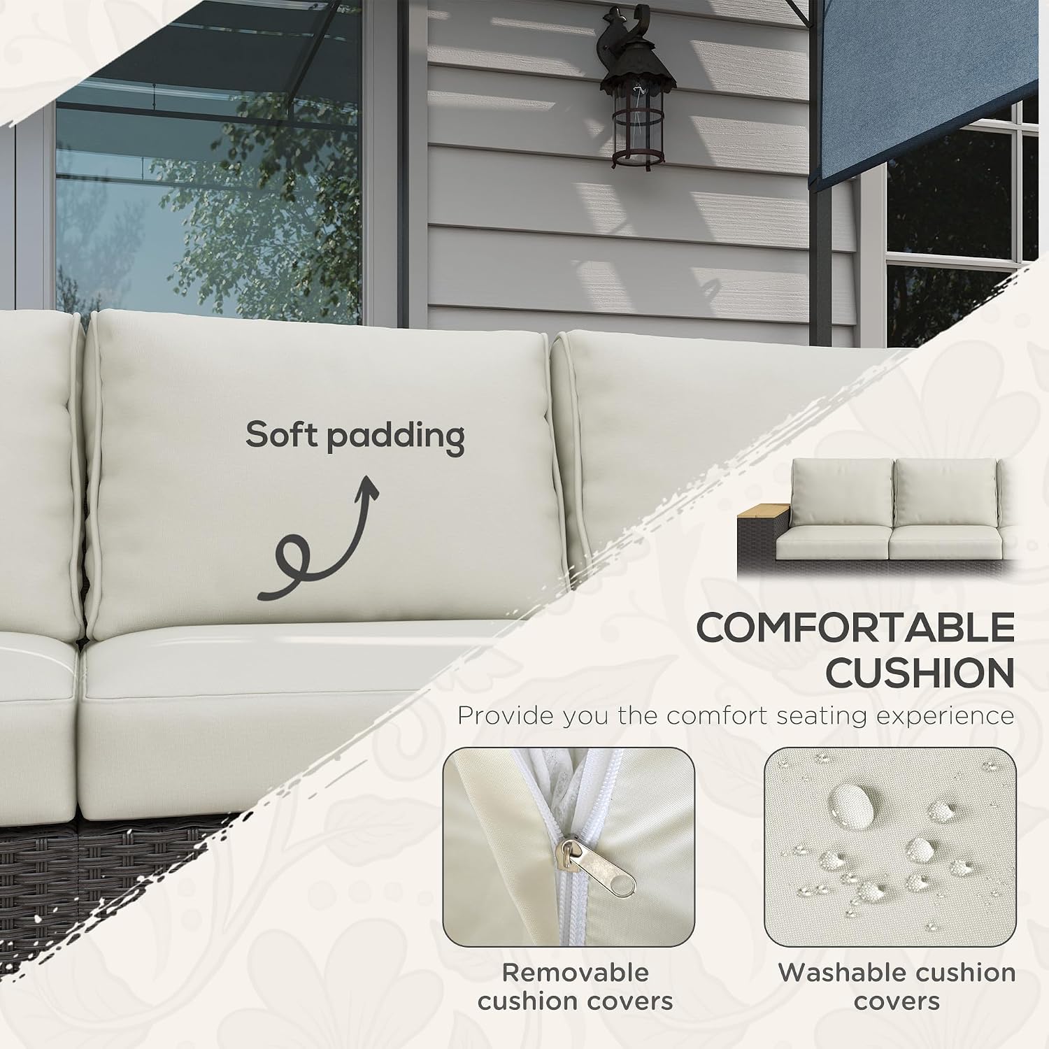 Outsunny 3-Seat Outdoor Patio Sofa with 24.5' Extra Wide Deep Seats, PE Wicker Sofa with Wide Wood Effect Armrests and 4' Cushions, Rattan Outdoor Couch for Porch, Garden, Poolside, Beige