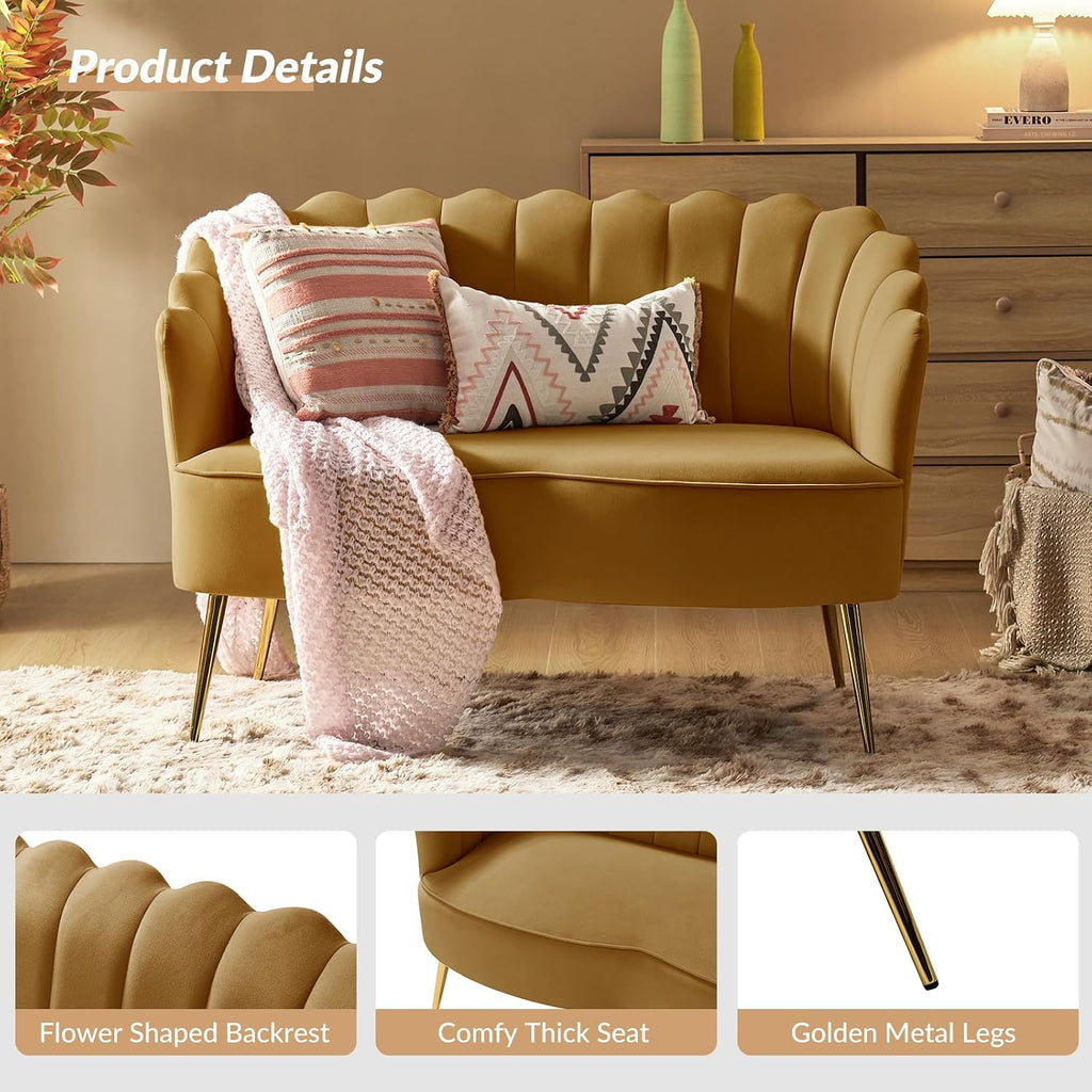 HULALA HOME Modern Velvet Loveseat Sofa with Flower Shaped Back, Comfy Upholstered 2-Seater Sofa with Gold Metal Legs, Small Love Seat Accent Couch for Living Bedroom Leisure Areas, Golden