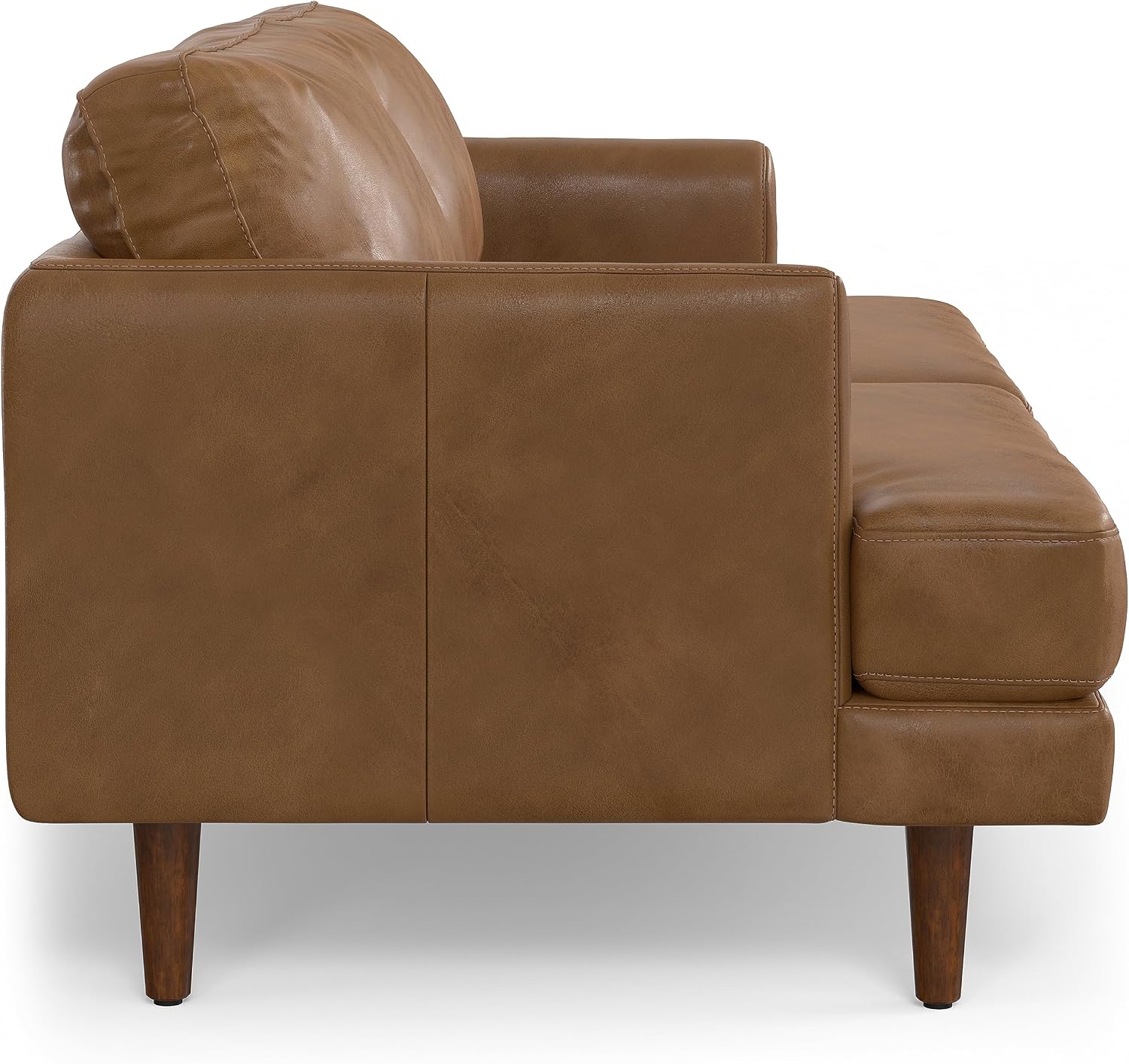 SIMPLIHOME Livingston Sofa - 76' Wide x 33' High Top Grain Genuine Leather Sofa in Caramel Brown, Mid-Century Modern Loveseat with Removable Feather-Wrapped Cushions and Solid Wood Frame