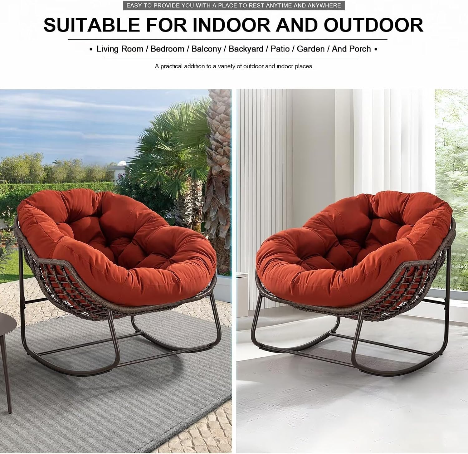Outdoor Papasan Rocking Chair, Patio Oversized Wicker Egg Rocking Chair, Indoor & Outdoor Comfy Rocker Chair with Thick Cushion, Modern Lounge Chair for Front Porch, Garden, Backyard, Orange