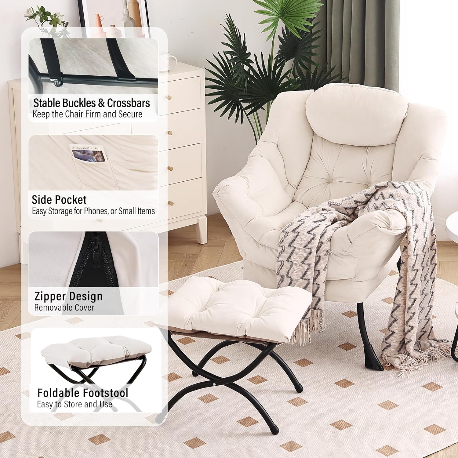 Furlide Lazy Chair with Ottoman, Modern Chair with Folding Footrest, Lounge Accent Chair, Comfortable Reading Chair, Oversized Armchairs for Bedroom, Study, Living Room, Courtyard (Beige)