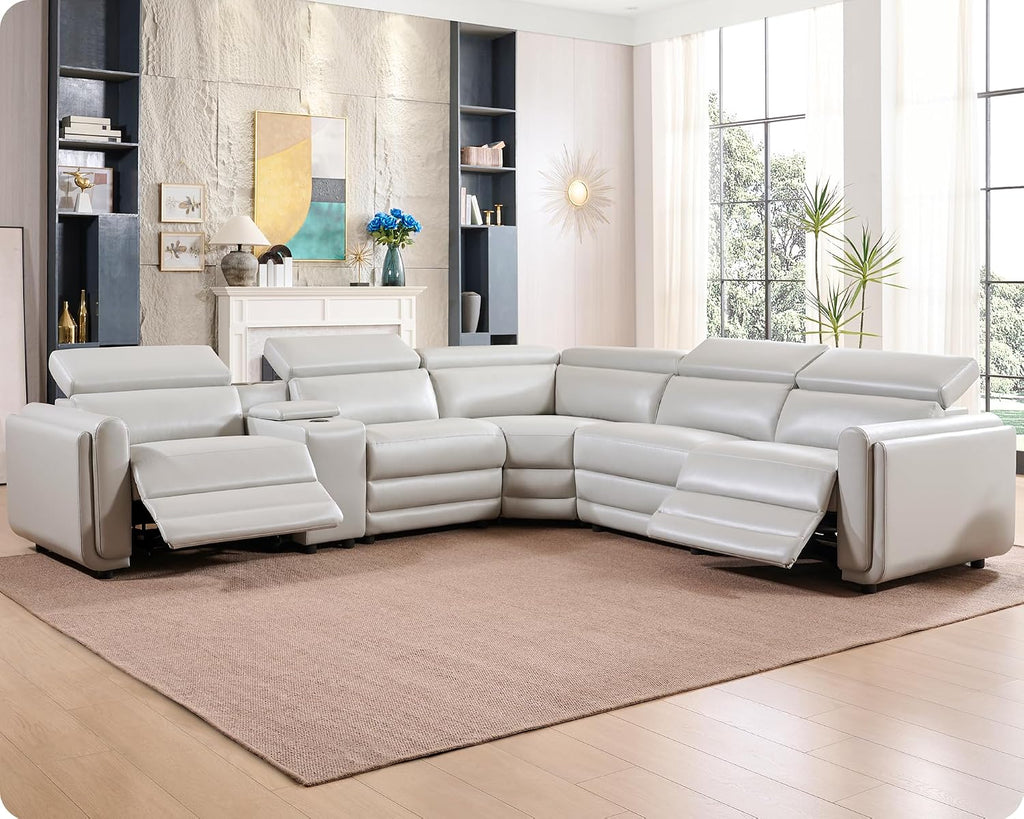 Amerlife Power Recliner Sectional Sofa, Reclining Sofa with Storage/USB Port, Leather Recliner Sofa with Adjustable Headrest, 5-Seat Reclining Sectional Couches with Console and Cup Holder, Light Grey